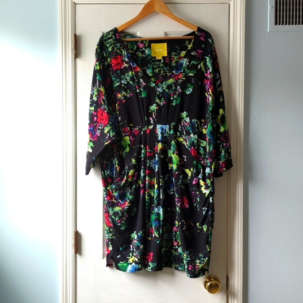 Maeve Anthropologie Black Flowy Floral Mini Dress